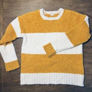 Hem & Thread Women's SO Cozy Chenille Striped Pullover Sweater Mustard White Med